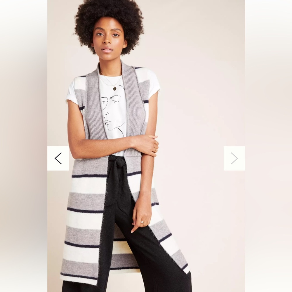 Anthropologie Penney Longline Knit Cardigan Vest Draped Gray White Striped M